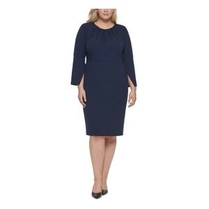 Calvin Klein Navy Blue Long Split Sleeve‎ Stretch Crepe Sheath Dress Size 14